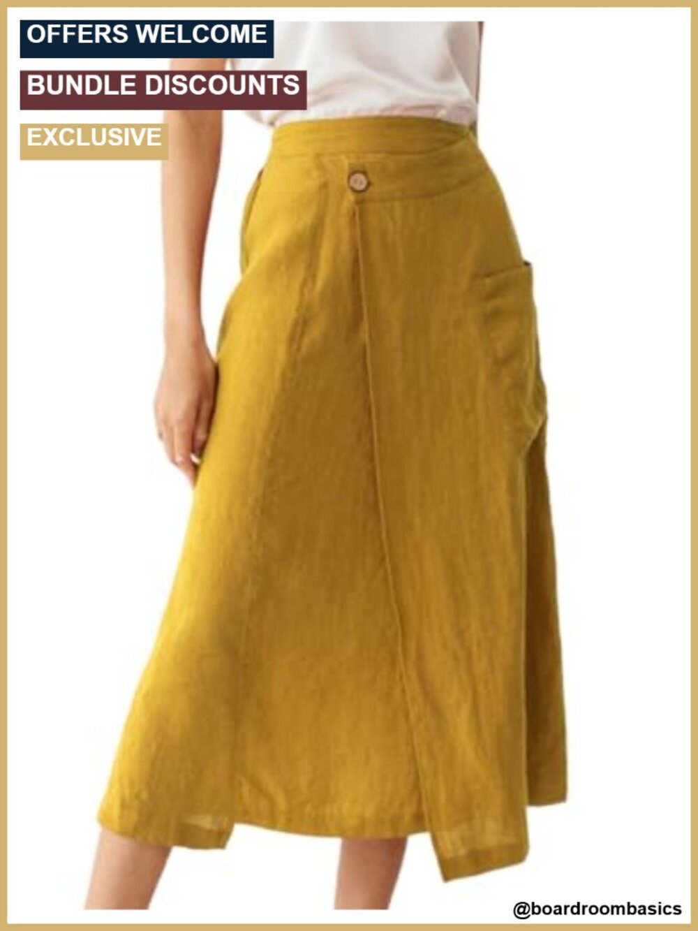 Linen Blend Midi Skirt Elastic High Waisted A Line with Pockets